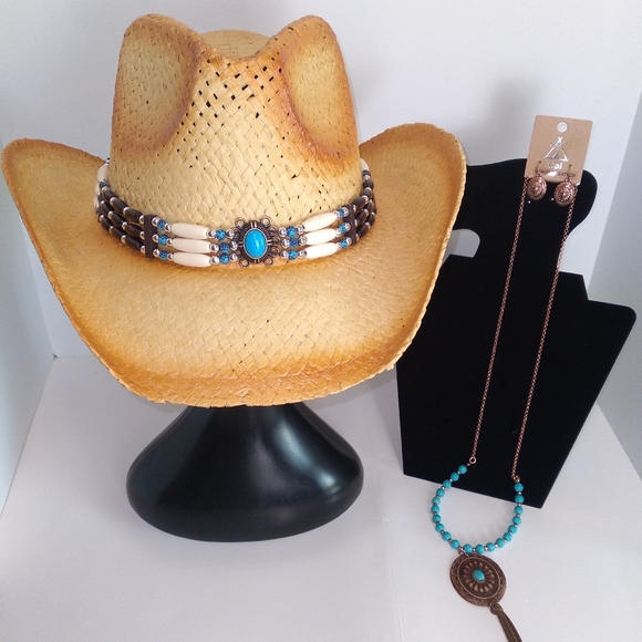 Tan Brown Turquoise Beaded Band Cowgirl Hat w/ Beaded Tassel Necklace Set - Picture 5 of 9